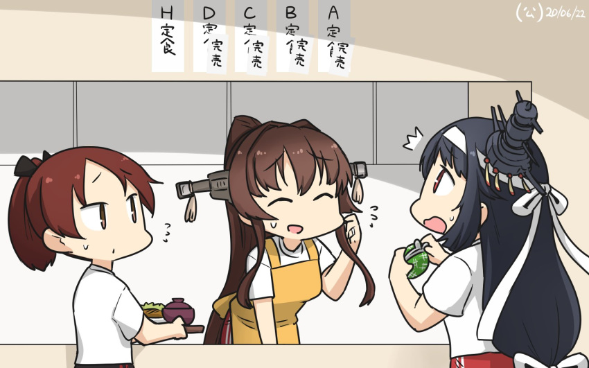/\/\/\ alternate_costume apron black_hair black_pants bowl brown_hair closed_eyes coin_purse commentary_request counter dated flying_sweatdrops food fusou_(kantai_collection) hair_ornament hamu_koutarou headband headgear highres kantai_collection long_hair low-tied_long_hair pants ponytail red_eyes red_pants remodel_(kantai_collection) shikinami_(kantai_collection) shirt short_hair sign t-shirt track_pants translation_request yamato_(kantai_collection) yellow_apron