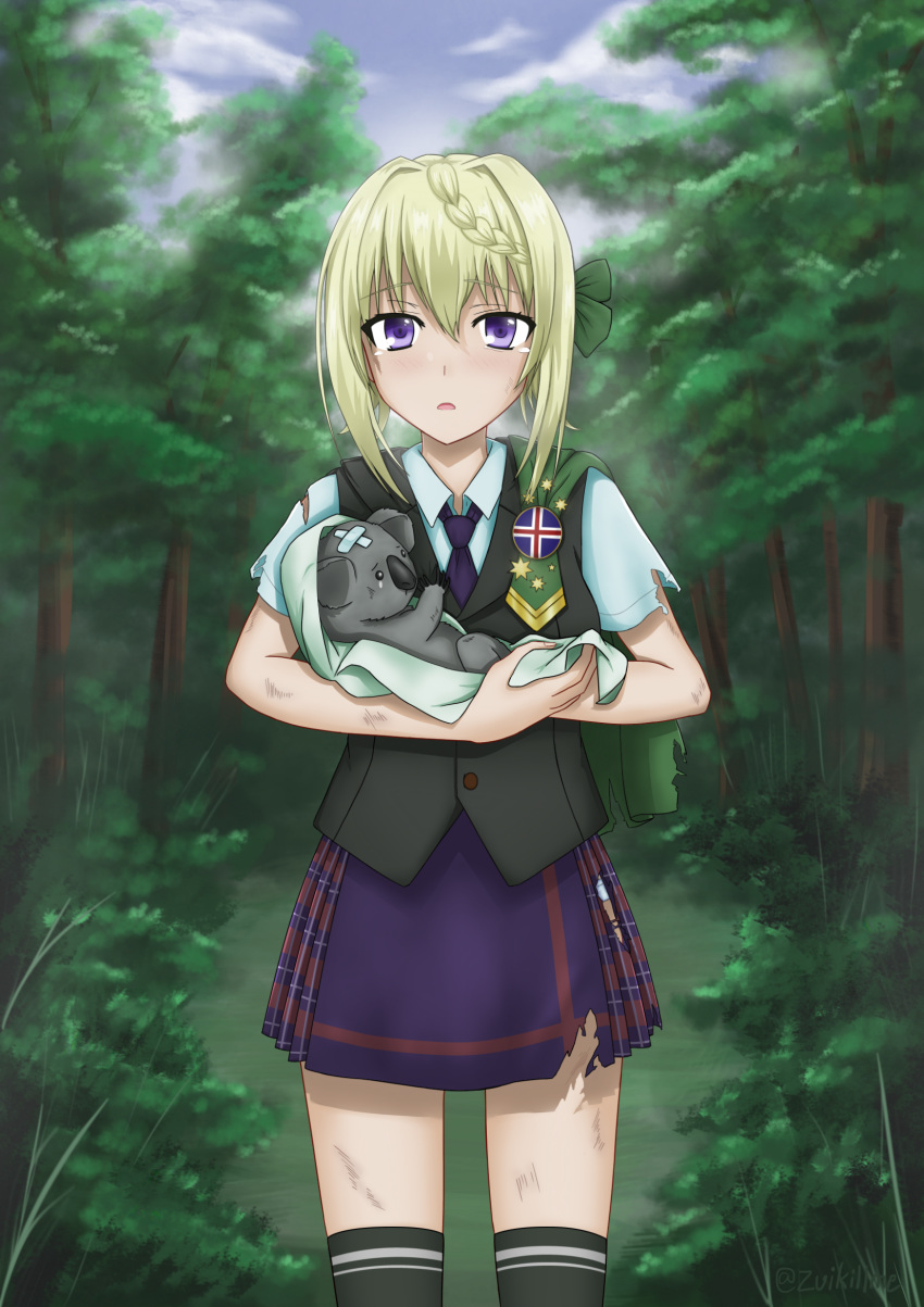 1girl 1other badge blonde_hair blue_neckwear blue_skirt blue_sky braid braided_bun cape clouds cowboy_shot day dress_shirt english_commentary forest green_cape green_legwear green_vest highres kantai_collection koala looking_at_viewer nature necktie outdoors perth_(kantai_collection) plaid plaid_skirt pleated_skirt school_uniform shirt short_hair short_sleeves skirt sky thigh-highs torn_clothes vest violet_eyes white_shirt zuikillme