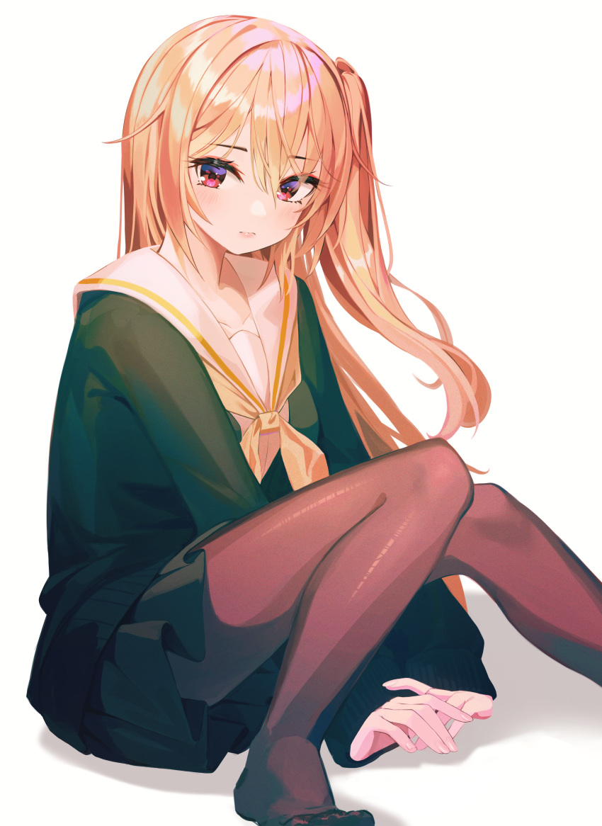 1girl absurdres bangs black_jacket black_legwear black_skirt blonde_hair blush brown_legwear clip_studio_paint_(medium) closed_mouth collarbone eyebrows_visible_through_hair foot_out_of_frame frown green_cardigan green_skirt hair_between_eyes highres jacket long_hair long_sleeves looking_at_viewer miniskirt munseonghwa neckerchief no_shoes one_side_up original pantyhose photoshop_(medium) pleated_skirt red_eyes sailor_collar school_uniform side_ponytail simple_background sitting skirt solo symbol_commentary uniform white_background