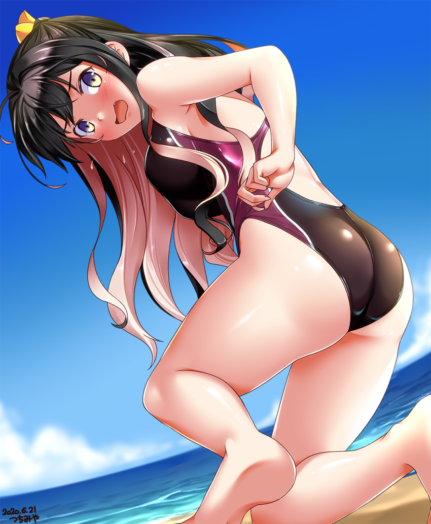 1girl adjusting_clothes adjusting_swimsuit artist_name back beach black_hair black_swimsuit blush breasts competition_swimsuit covered_navel cowboy_shot dated day eyebrows_visible_through_hair fangs highleg highleg_swimsuit highres kantai_collection large_breasts long_hair looking_back multicolored_hair naganami_(kantai_collection) ocean one-piece_swimsuit pink_hair purple_swimsuit sand skindentation solo swimsuit tsuchimiya two-tone_hair water wavy_hair wet wet_clothes wet_swimsuit yellow_eyes