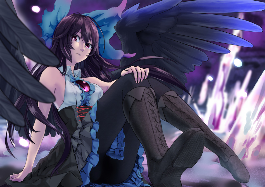 1girl arm_support black_footwear black_hair black_legwear boots bow breasts center_frills corset eyebrows_visible_through_hair frilled_skirt frills green_bow hair_bow leaning_back long_hair looking_at_viewer pantyhose parted_lips red_eyes reiuji_utsuho sitting skirt sleeveless solo tenamaru touhou wings
