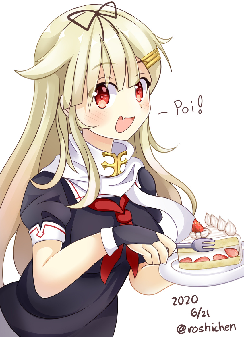 1girl black_ribbon black_serafuku blonde_hair cake commentary_request dated english_commentary fang food fork fruit hair_flaps hair_ornament hair_ribbon hairclip highres kantai_collection long_hair looking_at_viewer mixed-language_commentary neckerchief open_mouth painttool_sai_(medium) photoshop_(medium) poi red_eyes red_neckwear remodel_(kantai_collection) ribbon roshi_chen scarf school_uniform serafuku simple_background skin_fang slice_of_cake smile solo strawberry strawberry_shortcake twitter_username upper_body whipped_cream white_background white_scarf yuudachi_(kantai_collection)