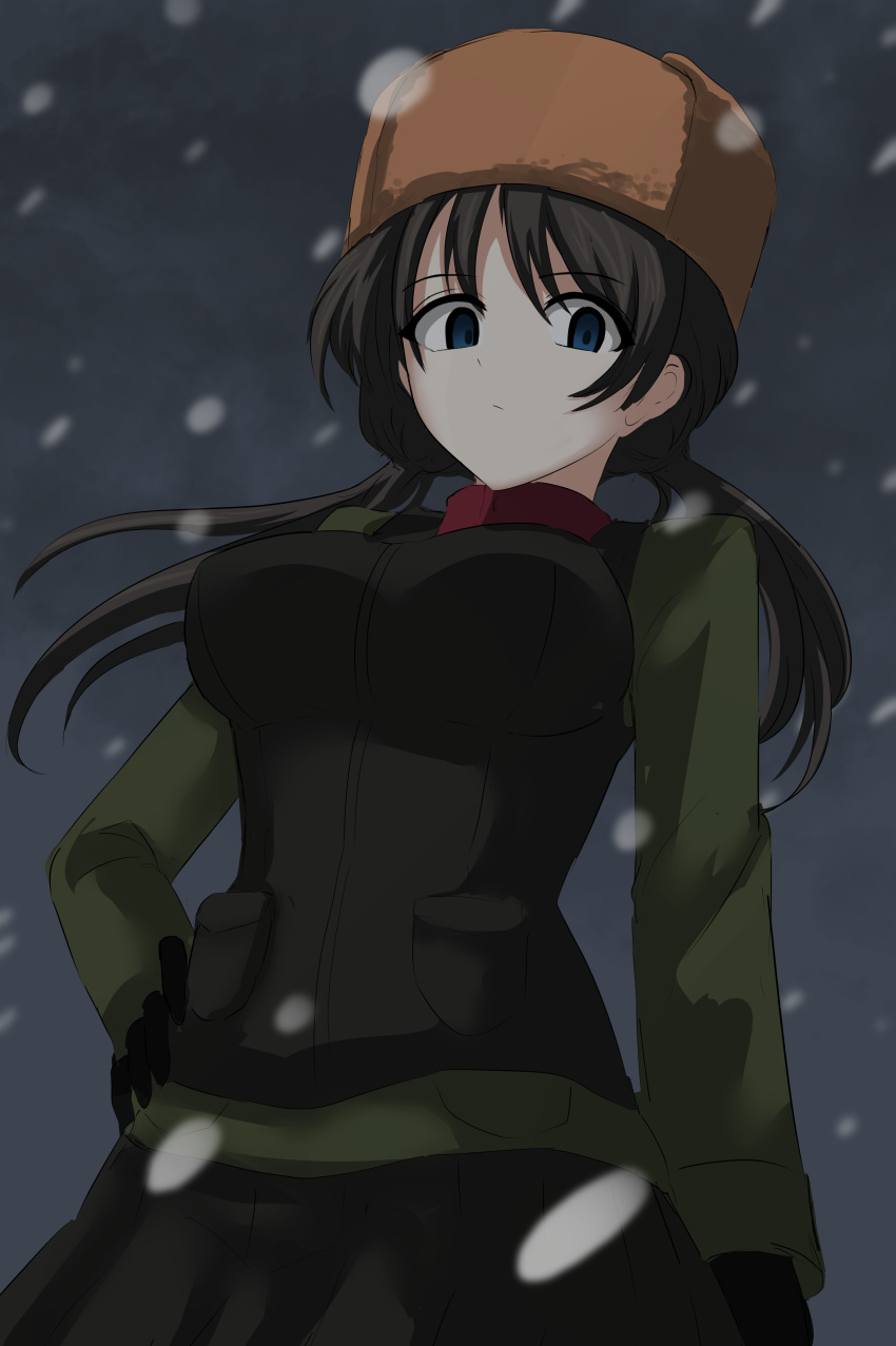1girl absurdres aikir_(jml5160) alternate_breast_size alternate_hair_length alternate_hairstyle bangs black_gloves black_skirt black_vest blue_eyes blurry brown_hair brown_headwear closed_mouth commentary cowboy_shot eyebrows_visible_through_hair fur_hat girls_und_panzer glaring gloves green_jacket grey_sky hand_on_hip hat highres jacket light_frown long_hair long_sleeves looking_at_viewer low_twintails military military_uniform night nina_(girls_und_panzer) older overcast pleated_skirt pravda_military_uniform red_shirt shirt skirt snowing solo standing turtleneck twintails uniform ushanka vest