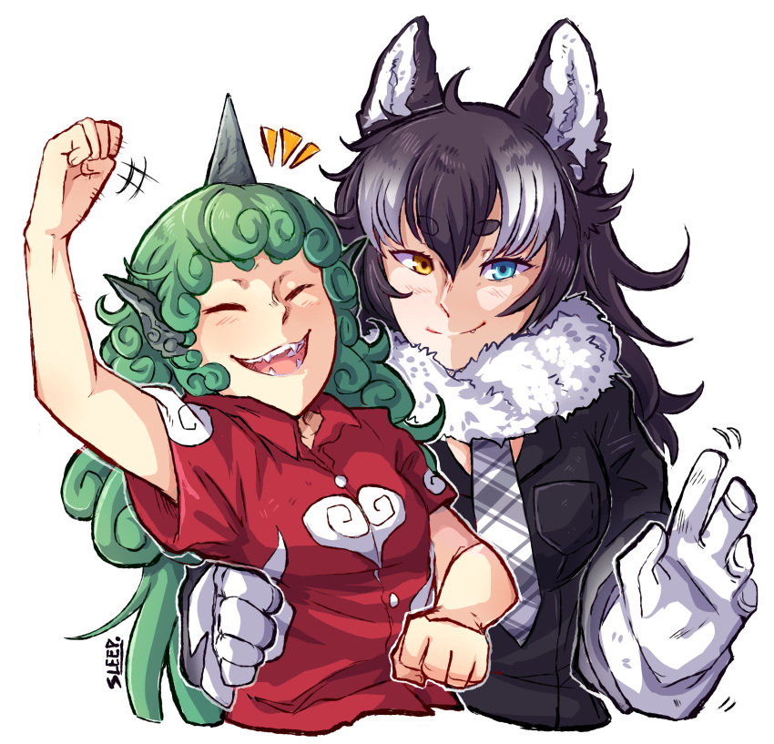 2girls absurdres animal_ears arm_around_waist arm_up artist_name bangs bare_arms black_hair blue_eyes breast_pocket buttons closed_eyes closed_mouth cloud_print collared_shirt crossover curly_hair facing_viewer fang fang_out fangs fur_collar gloves green_hair grey_hair grey_wolf_(kemono_friends) hands_up height_difference heterochromia highres horns jacket kariyushi_shirt kemono_friends komainu komano_aun long_hair looking_at_viewer motion_lines multicolored_hair multiple_girls necktie open_mouth orange_eyes plaid_neckwear pocket red_shirt shirt short_sleeves simple_background single_horn sleep_(isliping) smile touhou two-tone_hair upper_body white_background wolf_ears wolf_girl