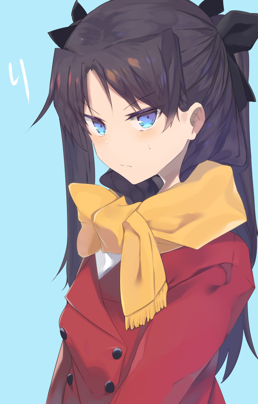 1girl absurdres bangs black_hair black_ribbon blue_background blue_eyes blush closed_mouth coat eyebrows_visible_through_hair fate/stay_night fate_(series) hair_ribbon highres hiiragi_ken long_hair looking_at_viewer parted_bangs red_coat ribbon scarf simple_background solo tohsaka_rin two_side_up upper_body v-shaped_eyebrows yellow_scarf