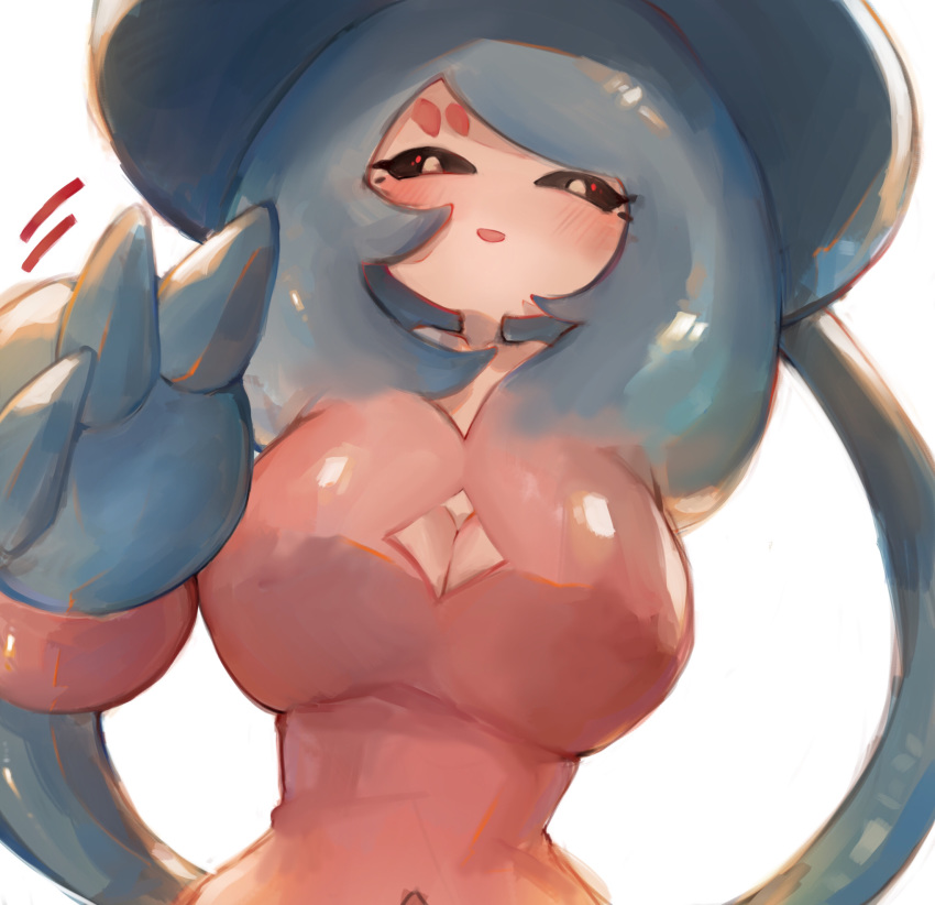 1girl black_sclera blush breasts commentary_request gen_8_pokemon hatterene highres looking_at_viewer no_humans open_mouth pokemon pokemon_(creature) ryuuji_teitoku simple_background smile solo white_background white_eyes