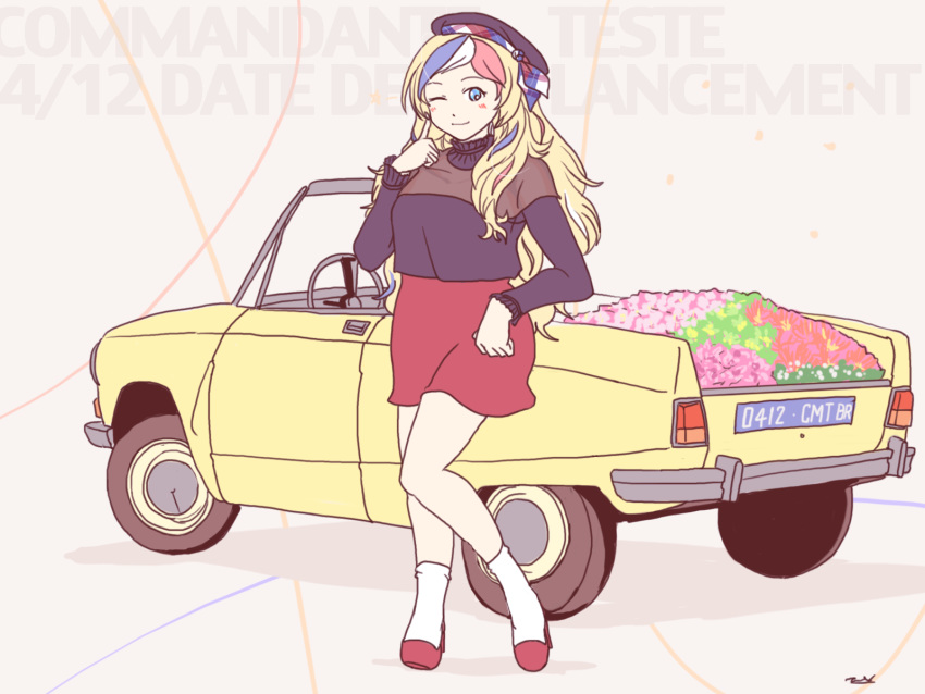 1girl ;) alternate_costume beret black_headwear black_sweater blonde_hair car casual commandant_teste_(kantai_collection) full_body ground_vehicle hair_down hat high_heels highres kantai_collection long_hair looking_at_viewer motor_vehicle multicolored_hair one_eye_closed peugeot red_footwear red_skirt skirt smile socks solo streaked_hair sweater thrux wavy_hair white_legwear