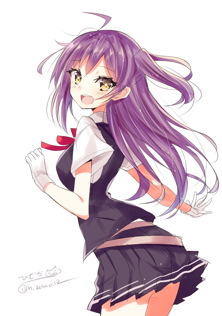 1girl belt black_skirt blouse blush breasts brown_belt brown_eyes eyebrows_visible_through_hair gloves hagikaze_(kantai_collection) hair_between_eyes highres hizaka kantai_collection long_hair looking_at_viewer neck_ribbon one_side_up open_mouth pleated_skirt purple_hair red_ribbon ribbon school_uniform short_sleeves simple_background skirt smile solo twitter_username vest white_background white_blouse white_gloves
