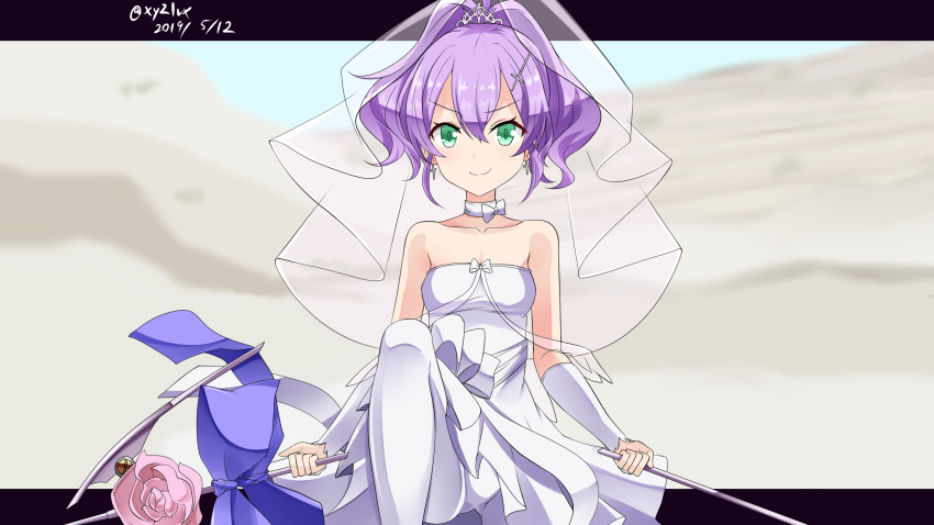 1girl absurdres aqua_eyes azur_lane bangs bare_shoulders breaking bridal_veil closed_mouth cross cross_earrings dated dress earrings eyebrows_visible_through_hair flower gloves hair_between_eyes hair_ornament hebitsukai-san highres holding javelin javelin_(azur_lane) javelin_(blissful_june_bride)_(azur_lane) jewelry kamen_rider kamen_rider_build_(series) letterboxed looking_at_viewer painttool_sai_(medium) pantyhose parody pink_flower purple_hair smile solo twitter_username veil wedding_dress white_gloves white_legwear