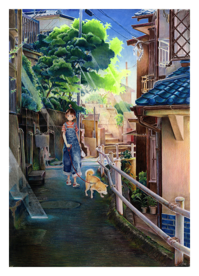 1girl absurdres bangs bicycle blue_sky border brown_eyes brown_hair building dog_walking fence ground_vehicle highres light_rays nekojarashi_(yuuga) original outdoors overalls plant potted_plant power_lines red_footwear shiba_inu shirt shoes short_hair short_sleeves sky solo stairs striped striped_shirt sunbeam sunlight tree white_border