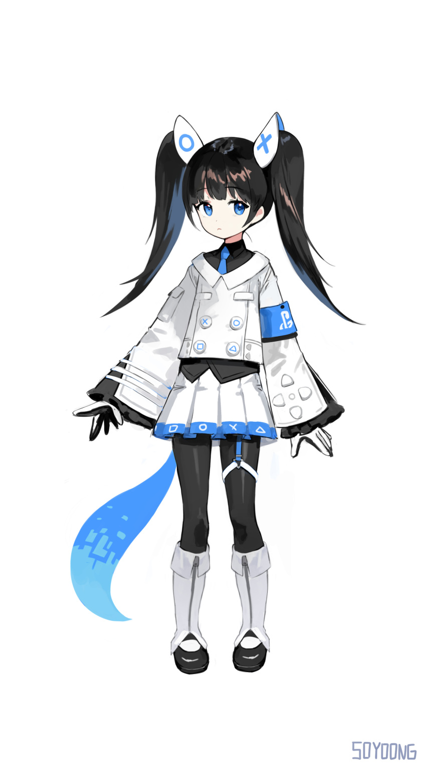 1girl absurdres arms_at_sides black_hair blue_eyes blue_hair eyebrows_visible_through_hair full_body hair_ornament headgear highres jacket long_hair looking_at_viewer multicolored_hair necktie original personification photoshop_(medium) playstation_5 shoes skirt solo soyoong_jun twintails two-tone_hair white_background wide_sleeves
