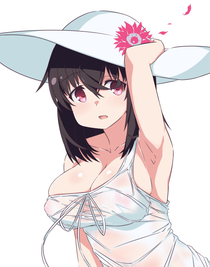 1girl bangs black_hair breasts eyebrows_visible_through_hair flower_ornament ghost hat highres hitodama large_breasts light_smile looking_at_viewer medium_hair open_mouth pink_eyes shirt sweaty_clothes tareme towa_rui towa_rui_channel wet wet_clothes wet_shirt white_headwear yotsuya_pro
