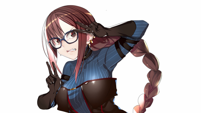 1girl black-framed_eyewear black_dress black_gloves blue_bodysuit bodysuit bodysuit_under_clothes breasts brown_eyes brown_hair clenched_teeth commentary_request consort_yu_(fate) double_v dress earrings fate/grand_order fate_(series) glasses gloves jewelry large_breasts long_hair looking_at_viewer multiple_earrings simple_background solo striped_bodysuit tears teeth toranpo_rintarou upper_body v very_long_hair white_background