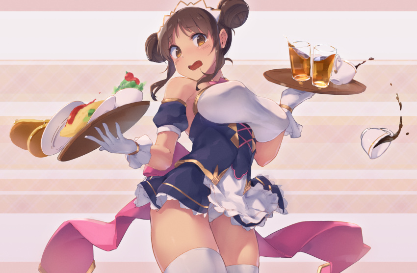 1girl bangs bare_shoulders blush breasts brown_eyes brown_hair double_bun food gloves highres holding holding_tray large_breasts long_hair looking_at_viewer nitro_(mugityaoisii) open_mouth princess_connect! princess_connect!_re:dive sidelocks suzume_(princess_connect!) thigh-highs thighs tray white_gloves white_legwear