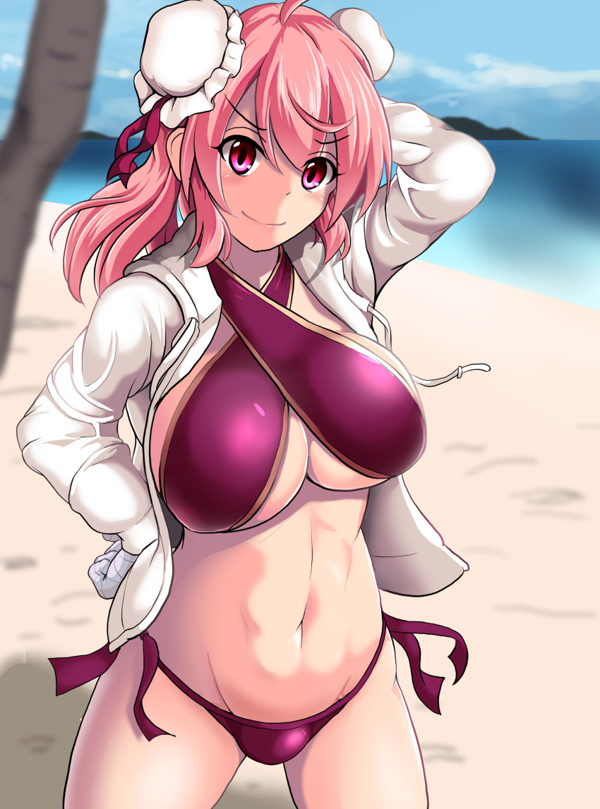 1girl abs arm_behind_head bandaged_arm bandages beach bikini blue_sky blush breasts bun_cover commentary_request criss-cross_halter day double_bun eyebrows_visible_through_hair halterneck hand_on_hip highres hood hood_down hoodie ibaraki_kasen large_breasts medium_hair navel nioti ocean open_clothes open_hoodie pink_eyes pink_hair purple_bikini sky smile solo swimsuit touhou under_boob white_hoodie