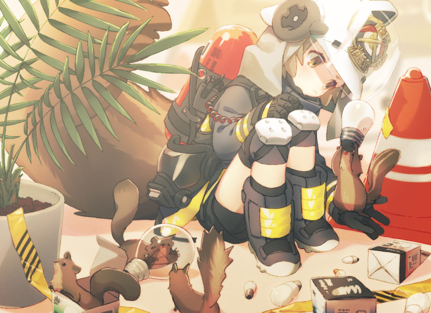 1girl arknights black_gloves boots box brown_eyes brown_hair chabi_(amedama) firefighter gas_mask gloves helmet knee_pads light_bulb plant potted_plant shaw_(arknights) sitting squirrel squirrel_tail tail traffic_cone
