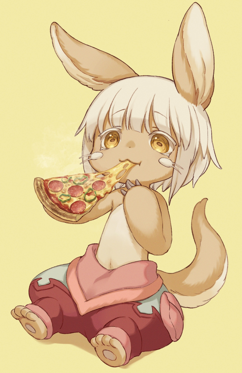 1other :3 animal_ears bangs blunt_bangs cheese_trail choke_(amamarin) clip_studio_paint_(medium) commentary_request eating eyebrows_visible_through_hair food furry highres holding_pizza made_in_abyss nanachi_(made_in_abyss) navel paws pizza short_hair simple_background sitting slice_of_pizza solo tail topless whiskers white_hair yellow_background yellow_eyes