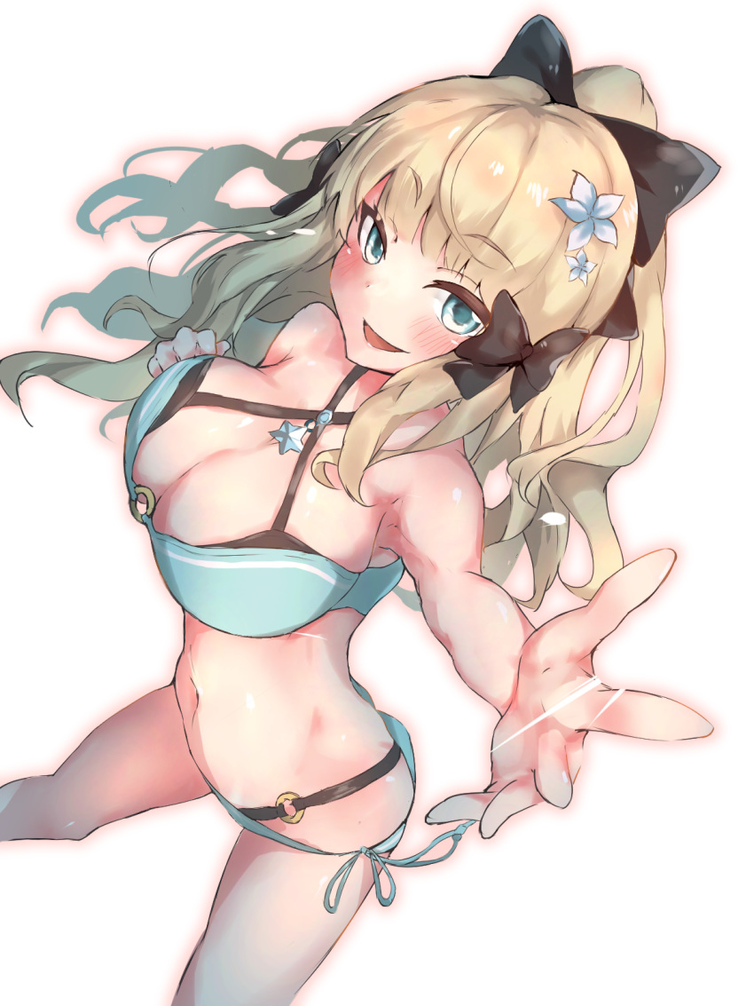 1girl bangs bikini black_bow blonde_hair blue_eyes blush bow breasts elf eyebrows_visible_through_hair flower hair_bow hair_flower hair_ornament highres junmaachi large_breasts long_hair looking_at_viewer open_mouth pointy_ears ponytail princess_connect! princess_connect!_re:dive saren_(princess_connect!) smile solo swimsuit