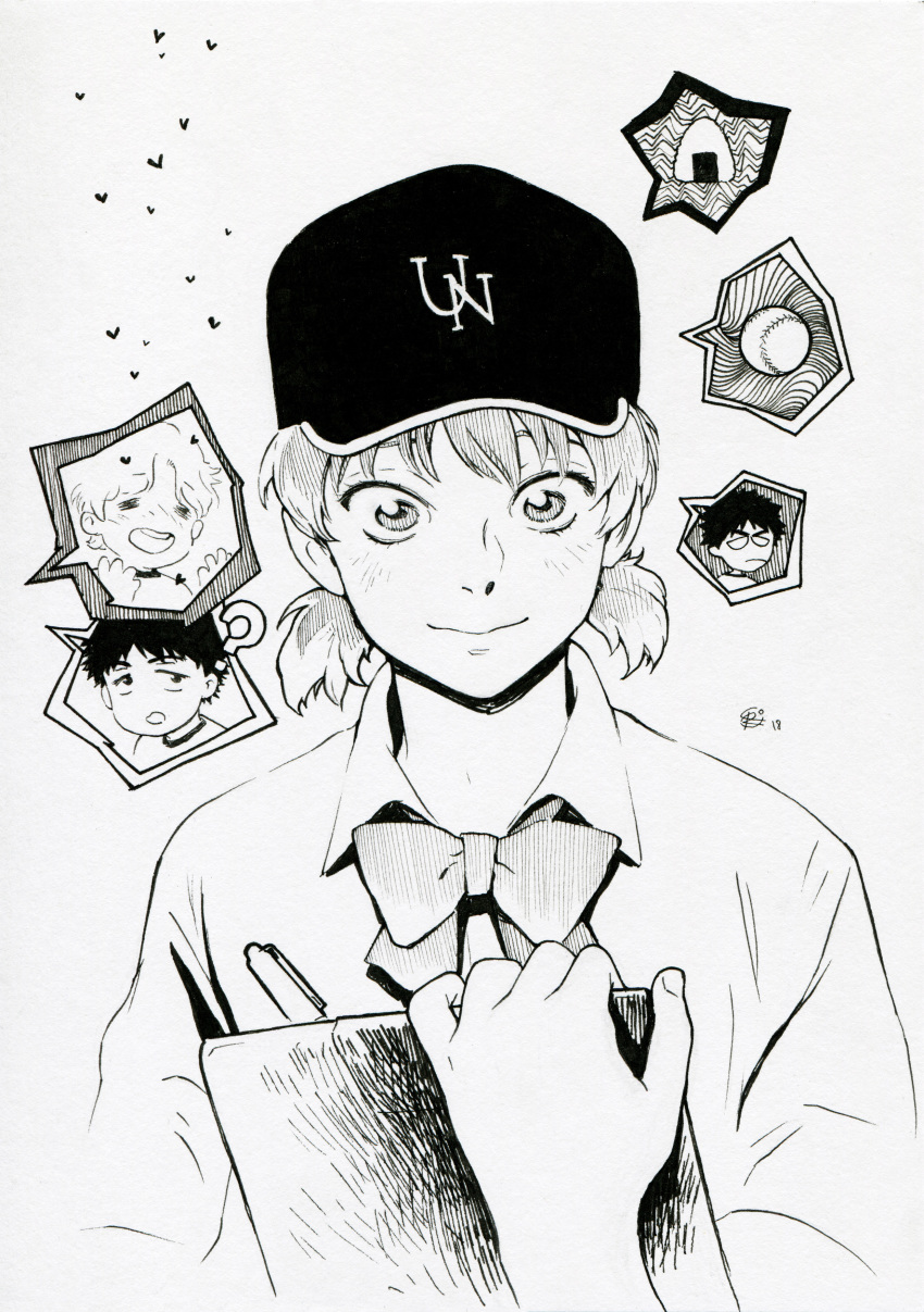 1girl 2boys ? abe_takaya absurdres baseball baseball_cap bow chernotrav clipboard food greyscale hat highres millipen_(medium) monochrome multiple_boys onigiri ookiku_furikabutte shinooka_chiyo shirt short_hair short_twintails spoken_character traditional_media twintails white_shirt