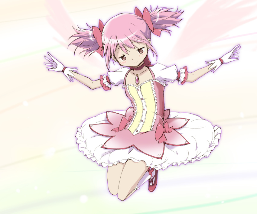 1girl bow bubble_skirt choker gloves hair_bow kaname_madoka kinfuji kneehighs legs_up looking_down magical_girl mahou_shoujo_madoka_magica mary_janes pink_bow pink_eyes pink_foowear pink_hair shoes simple_background skirt twintails white_background white_gloves white_legwear