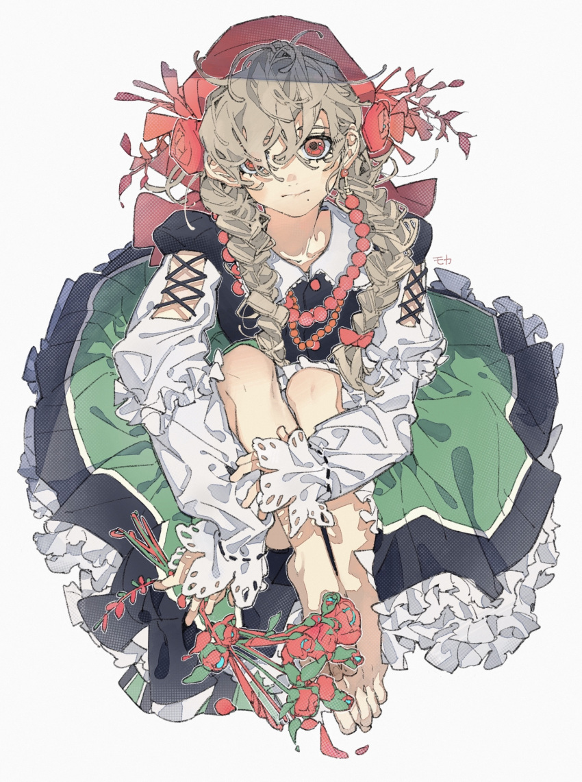 1girl absurdres bangs barefoot braid daruma_owl dress earrings flower frilled_dress frills full_body highres jewelry knees_up long_hair long_sleeves looking_at_viewer mole mole_under_mouth necklace original red_eyes red_flower red_headwear simple_background solo twin_braids twintails white_background