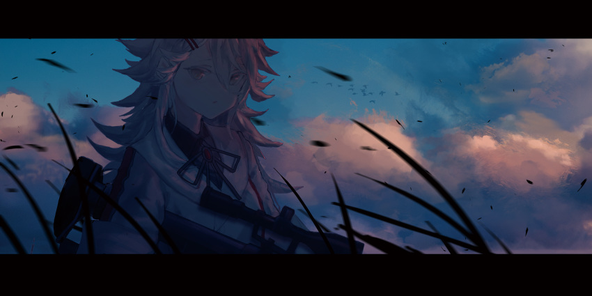 1girl clouds cloudy_sky evening gepard_m1 gepard_m1_(girls_frontline) girls_frontline grey_hair gun hair_ornament hairclip highres katann long_hair looking_at_viewer messy_hair rifle scope sky solo tall_grass weapon wind yellow_eyes