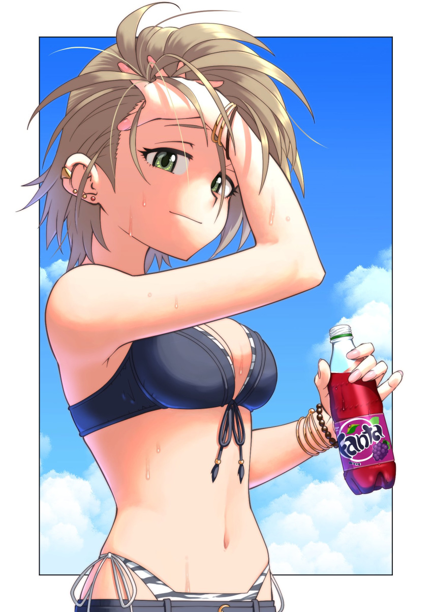 1girl animal_print bikini bottle bracelet breasts brown_hair clouds cloudy_sky earrings evolvingmonkey fanta front-tie_bikini front-tie_top green_eyes hand_in_hair highleg highleg_bikini highres holding holding_bottle idolmaster idolmaster_cinderella_girls jewelry kimura_natsuki medium_breasts multiple_earrings short_hair side-tie_bikini sky smile solo swimsuit wet zebra_print