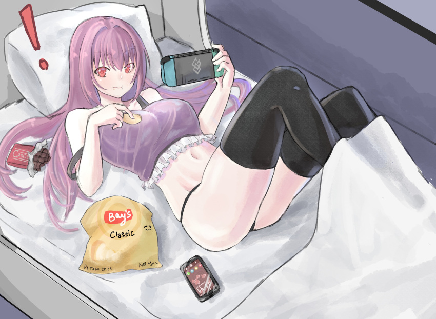 ! 1girl absurdres bag bed breasts candy cellphone chips chocolate chocolate_bar eating fate/grand_order fate_(series) food hair_intakes highres indoors kazekami2112 long_hair looking_at_viewer midriff navel nintendo_switch phone pillow purple_hair red_eyes scathach_(fate)_(all) scathach_(fate/grand_order) smartphone solo strap_slip thigh-highs underwear