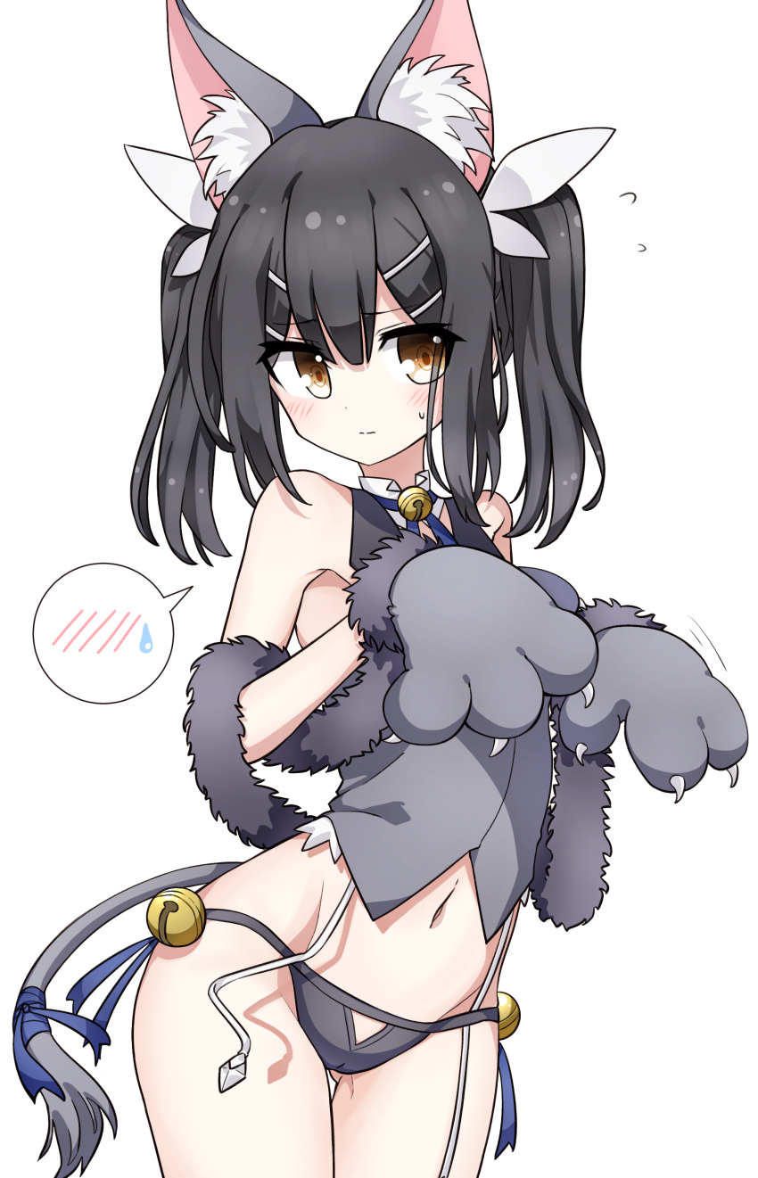 1girl absurdres animal_ear_fluff animal_ears bangs bare_shoulders bell black_hair blue_ribbon blush breasts brown_eyes cat_ears cat_tail closed_mouth detached_collar fate/kaleid_liner_prisma_illya fate_(series) feathers garter_straps gloves grey_panties grey_vest hair_feathers hair_ornament hairclip highres jingle_bell jy_kjy0929 long_hair looking_at_viewer miyu_edelfelt navel panties paw_gloves paws ribbon simple_background small_breasts spoken_blush tail thighs twintails underwear vest white_background