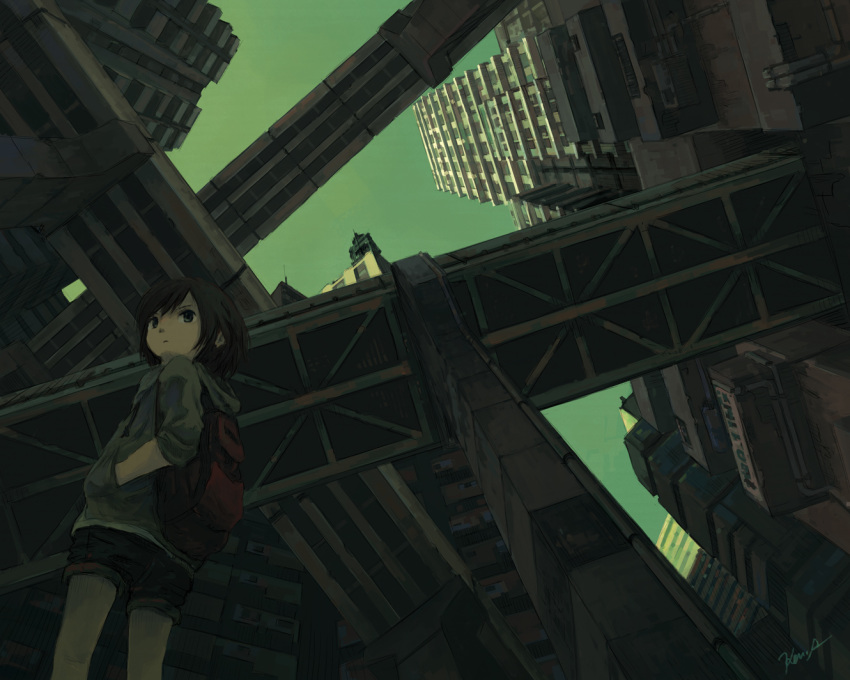 1girl backpack bag black_hair building cityscape commentary from_below hands_in_pockets hood hoodie kensight328 original outdoors scenery short_hair short_shorts shorts sky solo
