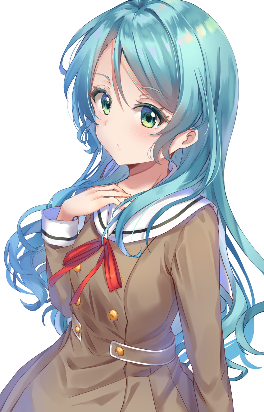 1girl absurdres bang_dream! bangs blue_hair brown_dress closed_mouth commentary_request dress eyebrows_visible_through_hair green_eyes hanasakigawa_school_uniform highres hikawa_sayo long_hair long_sleeves looking_at_viewer looking_away neck_ribbon red_ribbon ribbon sailor_collar sailor_dress school_uniform simple_background solo torokeru_none very_long_hair white_background white_sailor_collar