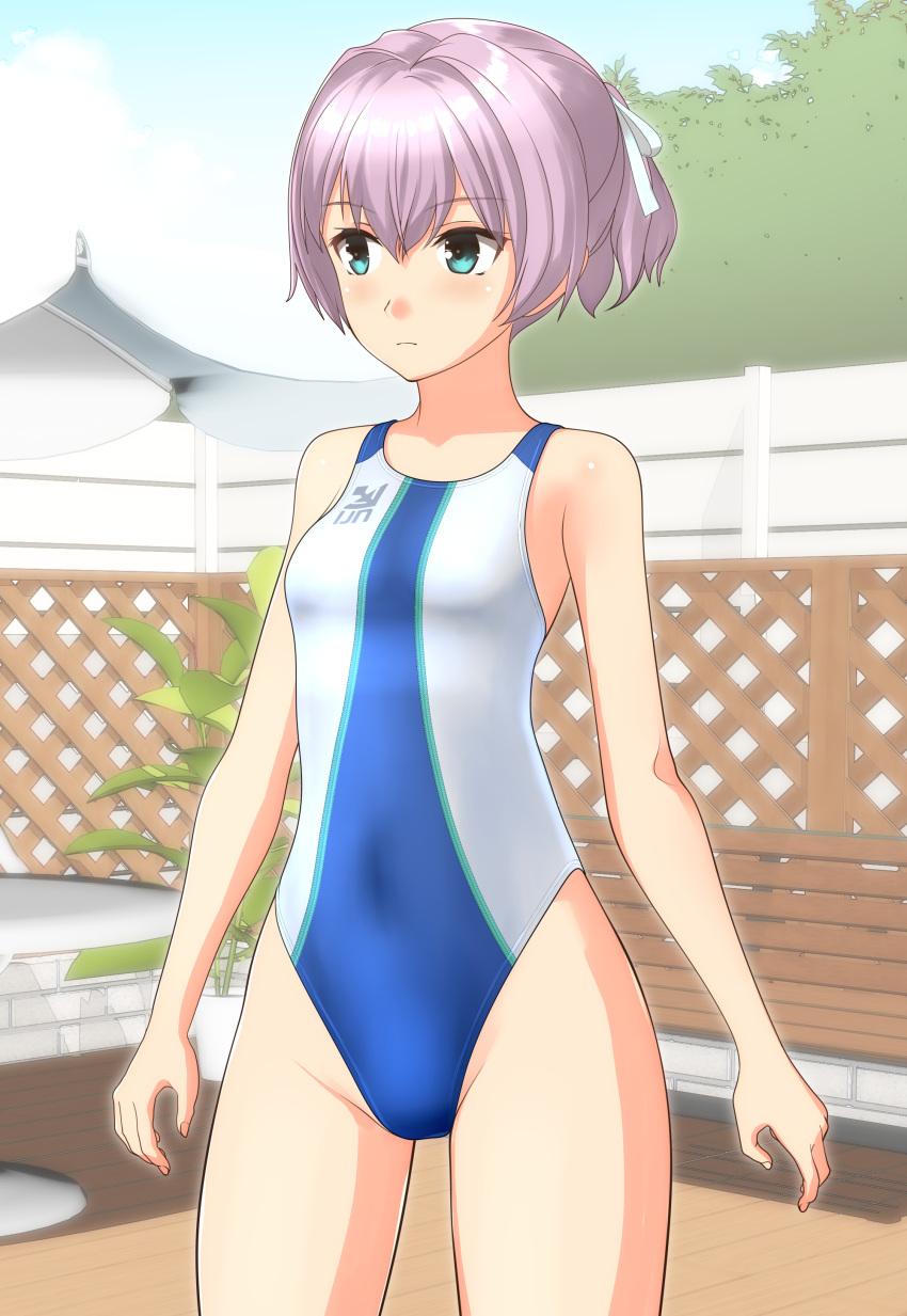 1girl absurdres aqua_eyes blue_sky breasts clouds collarbone commentary_request competition_swimsuit cowboy_shot day fence highres kantai_collection looking_to_the_side one-piece_swimsuit outdoors painttool_sai_(medium) pink_hair ponytail shiranui_(kantai_collection) short_hair sky small_breasts solo standing swimsuit table takafumi tree two-tone_swimsuit