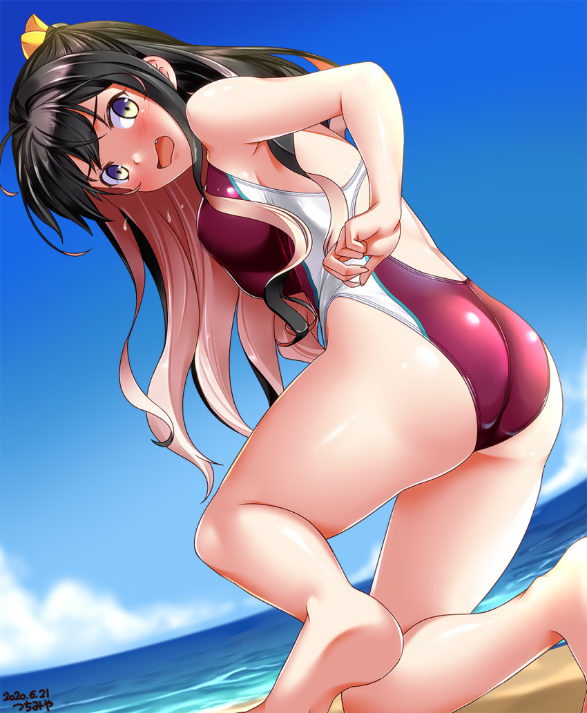 1girl adjusting_clothes adjusting_swimsuit artist_name back beach black_hair blush breasts competition_swimsuit covered_navel cowboy_shot dated day eyebrows_visible_through_hair fangs highleg highleg_swimsuit highres kantai_collection large_breasts long_hair looking_back multicolored_hair naganami_(kantai_collection) ocean one-piece_swimsuit pink_hair purple_swimsuit sand skindentation solo swimsuit tsuchimiya two-tone_hair water wavy_hair wet wet_clothes wet_swimsuit white_swimsuit yellow_eyes