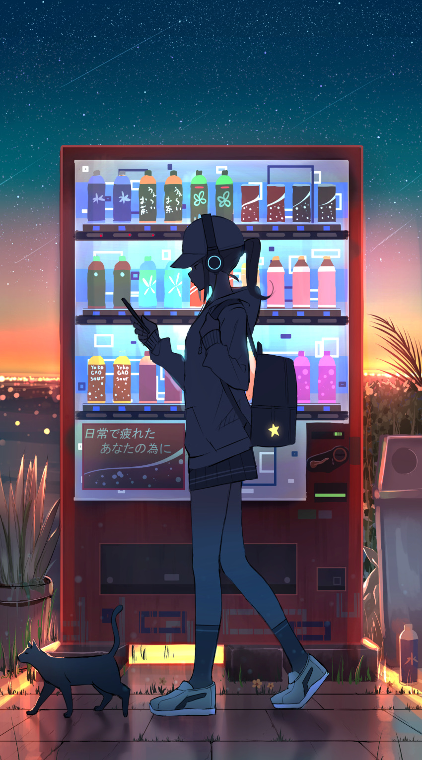 1girl absurdres backpack bag cat cellphone hand_up headphones highres holding holding_phone original pasoputi phone plant ponytail potted_plant profile scenery shadow shoes shooting_star sky sneakers socks star_(sky) star_(symbol) starry_sky sunset vending_machine walking