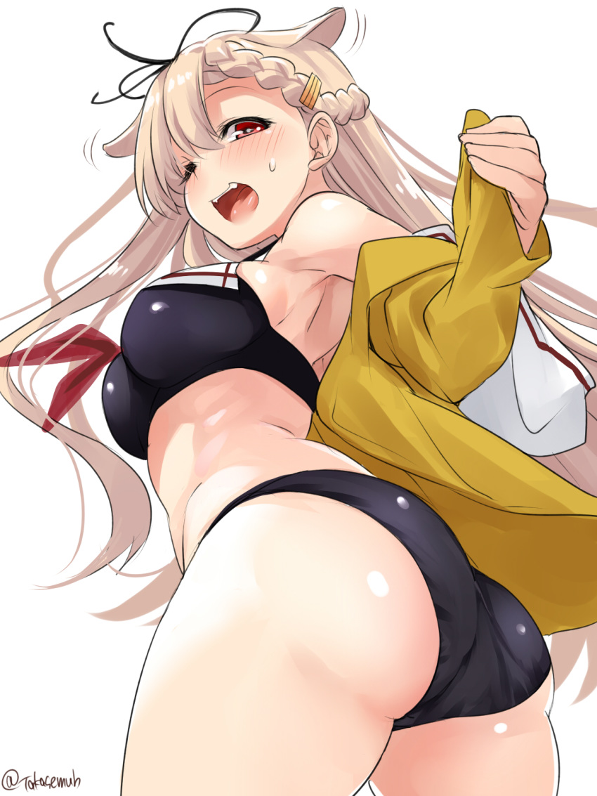 1girl alternate_costume ass black_ribbon black_swimsuit blonde_hair blush breasts hair_flaps hair_ornament hair_ribbon hairclip highres jacket kantai_collection long_hair looking_back looking_down messy_hair one_eye_closed red_eyes red_ribbon remodel_(kantai_collection) ribbon straight_hair sweatdrop swimsuit takase_muu yellow_jacket yuudachi_(kantai_collection)