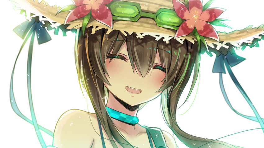 1girl ^_^ ^o^ alternate_costume amiya_(arknights) arknights backlighting blush brown_hair closed_eyes commentary denken eyebrows_visible_through_hair eyelashes flower goggles goggles_on_headwear hair_between_eyes hat hat_flower highres jewelry long_hair looking_at_viewer neck_ring open_mouth portrait ribbon sidelocks simple_background smile solo sparkle straw_hat white_background