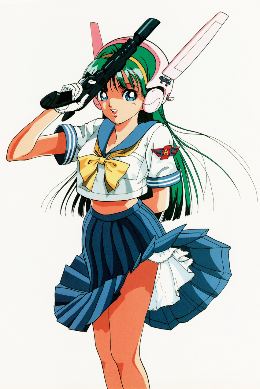 1girl arm_behind_back blue_eyes blue_skirt cropped_shirt emblem feet_out_of_frame gloves green_hair gun hairband headgear highres holding holding_gun holding_weapon long_hair looking_at_viewer midriff open_mouth original petticoat pleated_skirt short_sleeves simple_background skirt solo u-jin weapon white_background white_gloves wind wind_lift