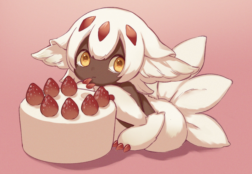 1girl bangs black_skin cake choke_(amamarin) claws clip_studio_paint_(medium) closed_mouth commentary_request dark_skin dessert extra_arms faputa fewer_digits food fruit highres looking_at_viewer made_in_abyss multiple_tails pink_background short_hair simple_background solo strawberry tail white_fur white_hair yellow_eyes