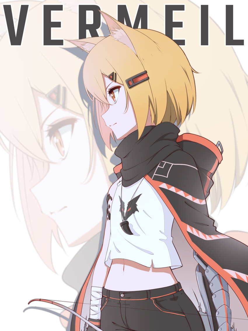 1girl animal_ear_fluff animal_ears arknights black_cape black_shorts blonde_hair bow_(weapon) cape character_name crop_top crop_top_overhang fang_necklace fox_ears hair_ornament hairclip highres holding holding_bow_(weapon) holding_weapon hood hood_down hooded_cape jewelry mechanical_arm navel necklace ore_lesion_(arknights) plasbott prosthesis prosthetic_arm short_hair shorts solo vermeil_(arknights) weapon yellow_eyes zoom_layer