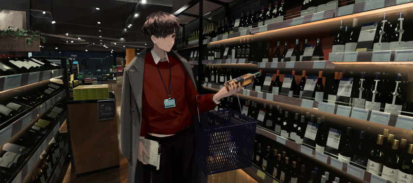 androgynous bottle brown_hair collared_shirt highres holding holding_bottle indoors lanyard long_sleeves original orval red_sweater shelf shirt shopping shopping_basket short_hair solo sweater white_shirt