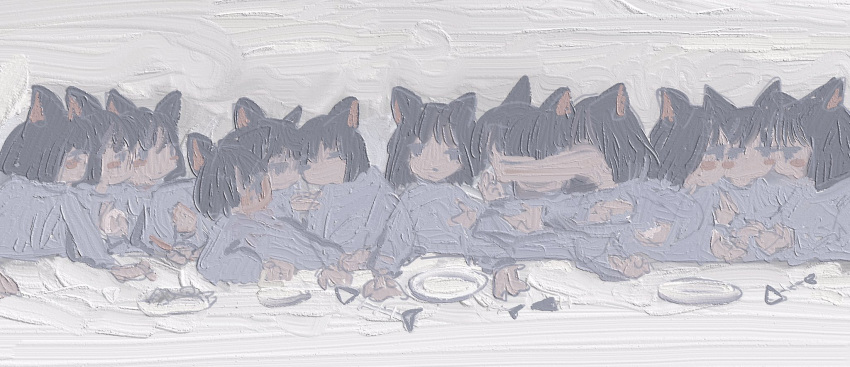 6+girls animal_ears blush cat_ears cat_girl fine_art_parody fish_skeleton gekoruna highres long_sleeves multiple_girls no_nose original parody plate profile short_hair surreal the_last_supper