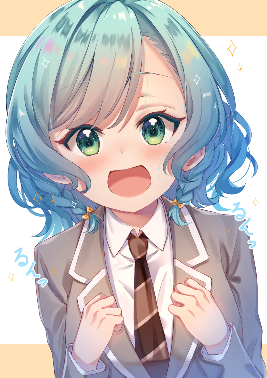 1girl :d absurdres aqua_hair bang_dream! beige_background blazer blush brown_neckwear collared_shirt diagonal-striped_neckwear diagonal_stripes green_eyes grey_jacket hands_up haneoka_school_uniform highres hikawa_hina huge_filesize jacket necktie open_mouth school_uniform shirt smile solo sparkle striped striped_neckwear torokeru_none two-tone_background upper_body white_background white_shirt