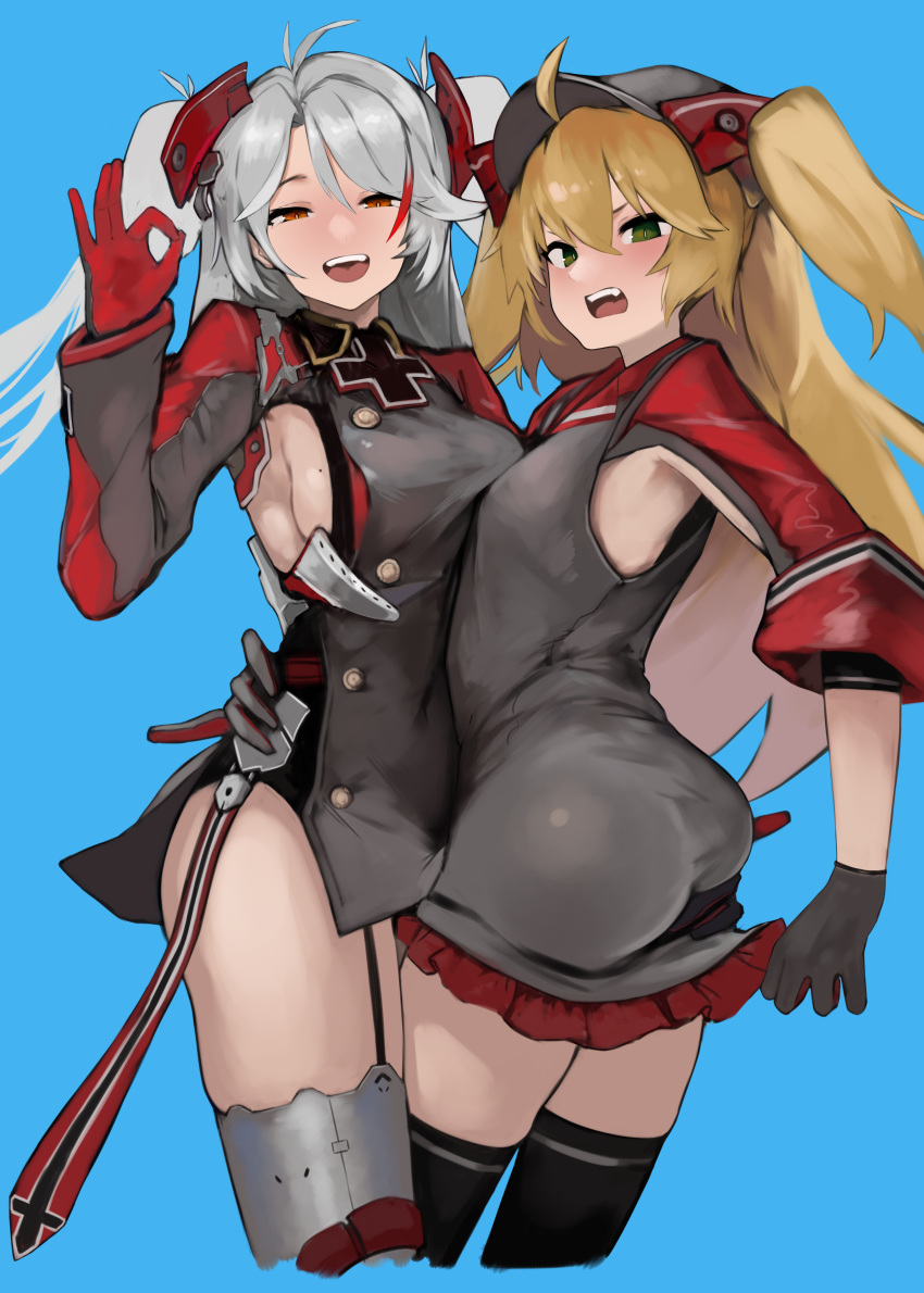 2girls absurdres admiral_hipper_(azur_lane) ahoge armpit_cutout ass azur_lane bangs black_gloves black_legwear blonde_hair blue_background breasts brown_eyes cowboy_shot cropped_legs garter_straps gloves green_eyes hair_between_eyes hakuto_hotaru hand_on_another's_hip headgear highres iron_cross large_breasts long_hair long_sleeves looking_at_viewer mole mole_on_breast multiple_girls ok_sign open_mouth prinz_eugen_(azur_lane) red_gloves sideboob silver_hair swept_bangs thigh-highs two_side_up