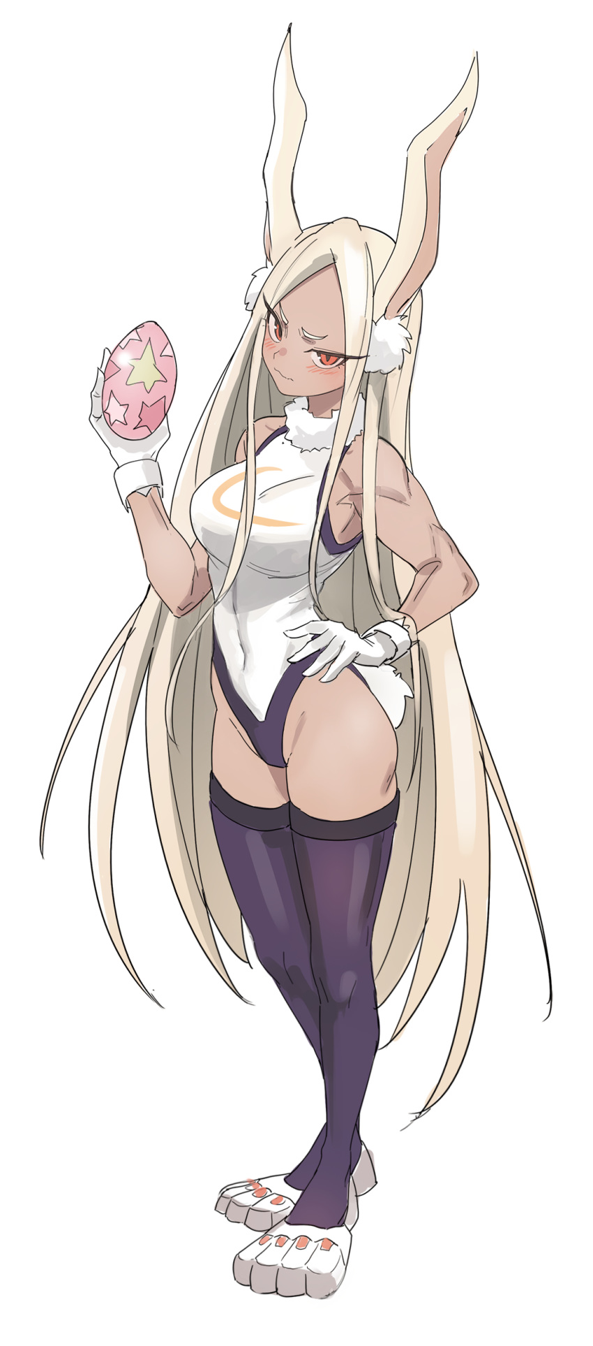 1girl absurdres animal_ear_fluff animal_ears bangs blonde_hair blush boku_no_hero_academia breasts bunny_tail closed_mouth commentary covered_navel dark_skin easter_egg egg english_commentary full_body gloves hand_on_hip highleg highleg_leotard highres holding_egg kiritzuguart leotard long_hair looking_at_viewer medium_breasts mirko muscle parted_bangs purple_legwear rabbit_ears red_eyes simple_background sleeveless solo standing straight_hair tail thigh-highs thighs very_long_hair white_background white_gloves white_leotard