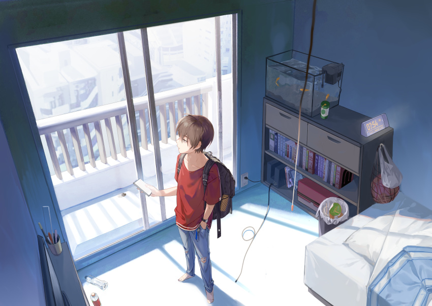 1boy absurdres al_mican aquarium backpack bag balcony bed bedroom bookshelf brown_hair collarbone denim from_above hand_in_pocket highres holding holding_phone huge_filesize indoors jeans looking_away looking_outside original pants phone scenery solo torn_clothes