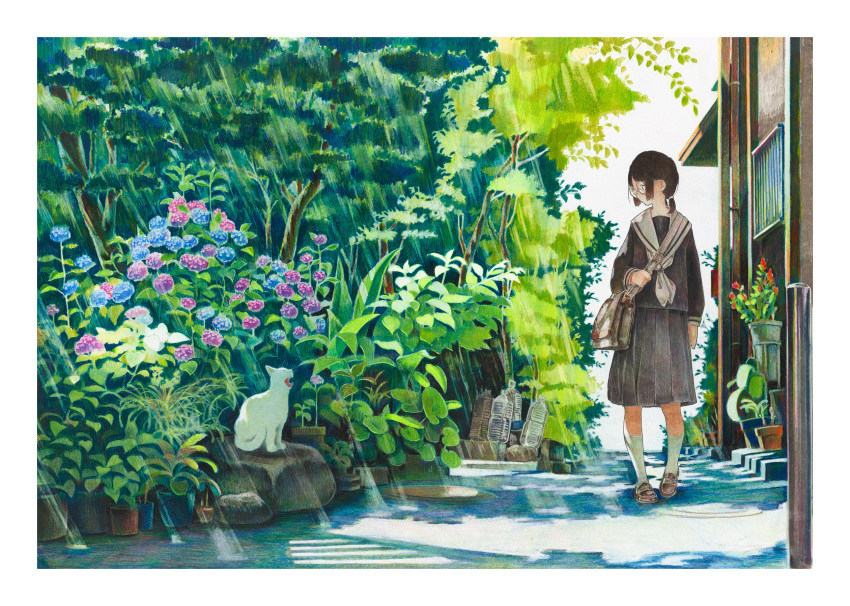 1girl bag black_shirt black_skirt blue_flower border bottle brown_footwear cat flower glasses highres hydrangea leaf long_sleeves medium_hair neckerchief nekojarashi_(yuuga) original outdoors plant pleated_skirt potted_plant purple_flower rock sailor_collar shadow shirt shoes shoulder_bag skirt socks solo white_border white_cat white_legwear white_neckwear white_sailor_collar