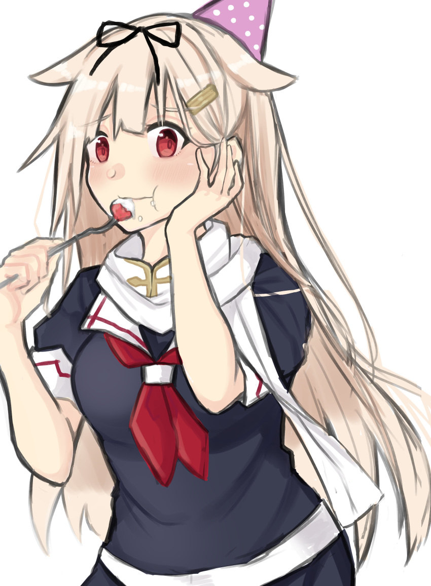 1girl absurdres black_ribbon black_serafuku blonde_hair commentary_request dokuganryuu hair_flaps hair_ornament hair_ribbon hairclip hat highres kantai_collection long_hair looking_at_viewer neckerchief party_hat red_eyes red_neckwear remodel_(kantai_collection) ribbon scarf school_uniform serafuku simple_background solo upper_body white_background white_scarf yuudachi_(kantai_collection)