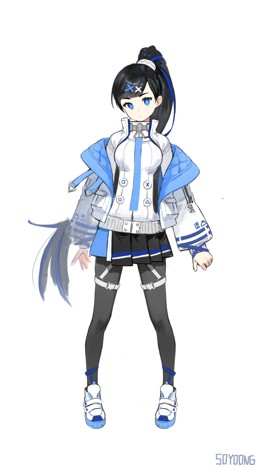 1girl absurdres arms_at_sides black_hair blue_eyes blue_hair full_body hair_ornament hairclip highres jacket long_hair looking_at_viewer multicolored_hair off-shoulder_jacket original personification photoshop_(medium) playstation_5 ponytail shoes skirt sneakers solo soyoong_jun two-tone_hair very_long_hair