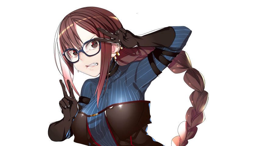 1girl absurdres black-framed_eyewear black_dress black_gloves blue_bodysuit bodysuit bodysuit_under_clothes breasts brown_eyes brown_hair clenched_teeth commentary_request consort_yu_(fate) double_v dress earrings fate/grand_order fate_(series) glasses gloves highres jewelry large_breasts long_hair looking_at_viewer multiple_earrings simple_background solo striped_bodysuit tears teeth toranpo_rintarou upper_body v very_long_hair white_background