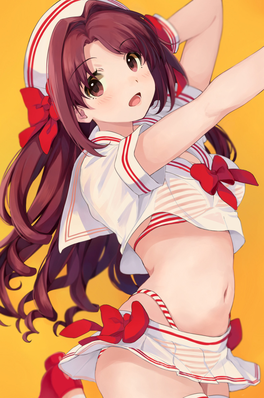 1girl bare_arms bikini bikini_under_clothes blouse blurry bow breasts brown_eyes brown_hair curly_hair depth_of_field eyebrows_visible_through_hair hat hat_bow highres idolmaster idolmaster_cinderella_girls idolmaster_cinderella_girls_starlight_stage kirarin369 midriff navel red_bow red_footwear sailor_collar see-through see-through_skirt shimamura_uzuki simple_background skirt small_breasts solo swimsuit thigh-highs white_blouse white_headwear white_skirt